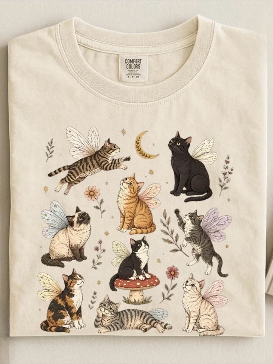 Comfort Colors Tops - Comfort Colors Cream Cat Fairy Graphic Tee with Pastel Wings